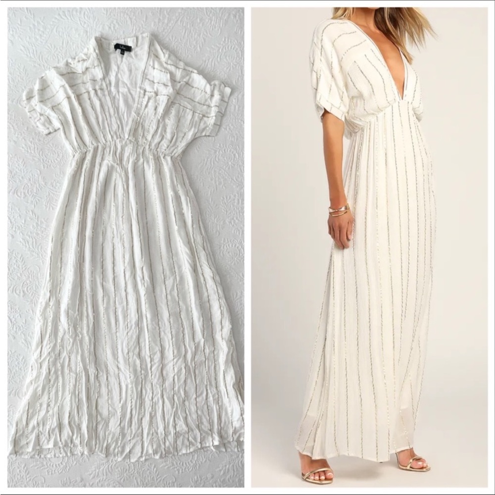 NWOT Lulus Goddess Vibes Ivory Gold Striped Dolman Sleeve Maxi Dress XLarge